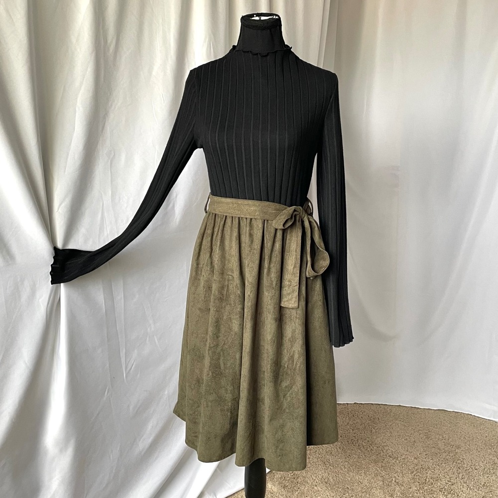 Midi Dress Sz L Black Ribbed Knit Mock Neck Green Faux Suede Flared Skirt Earthy